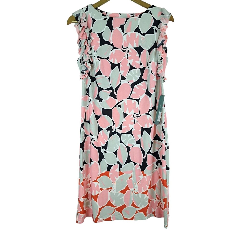 NEW London Times Women Dress Shift Sleeveless Size 8 Leaves Pattern Pink Soft